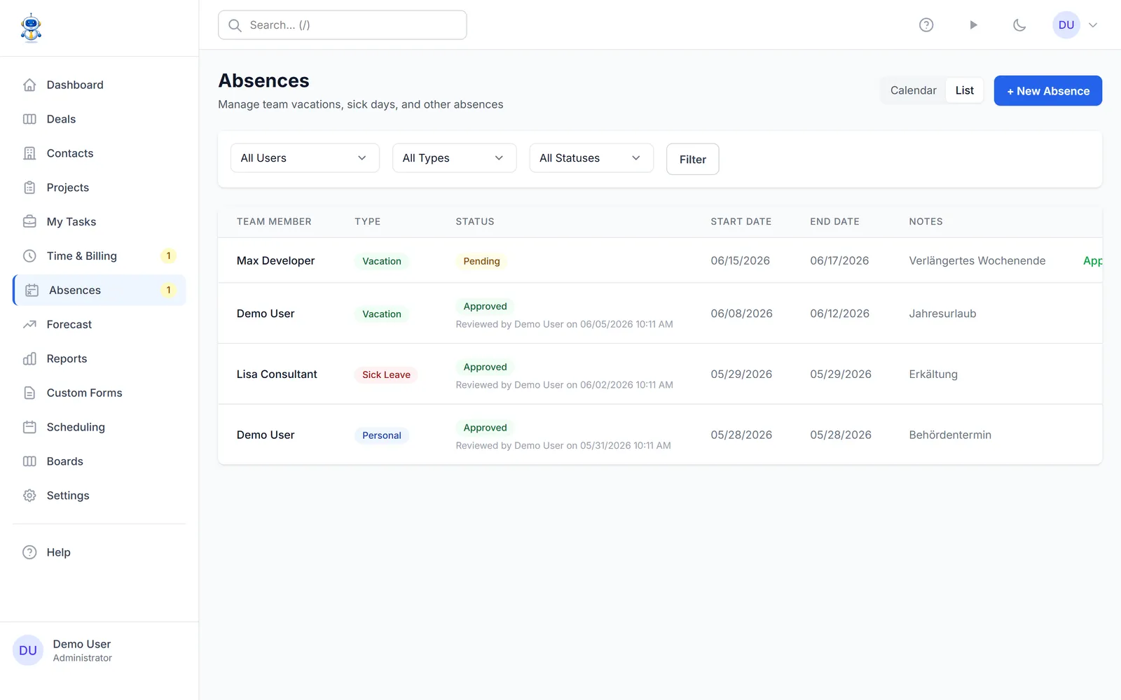 The absence list with type and status badges for the team