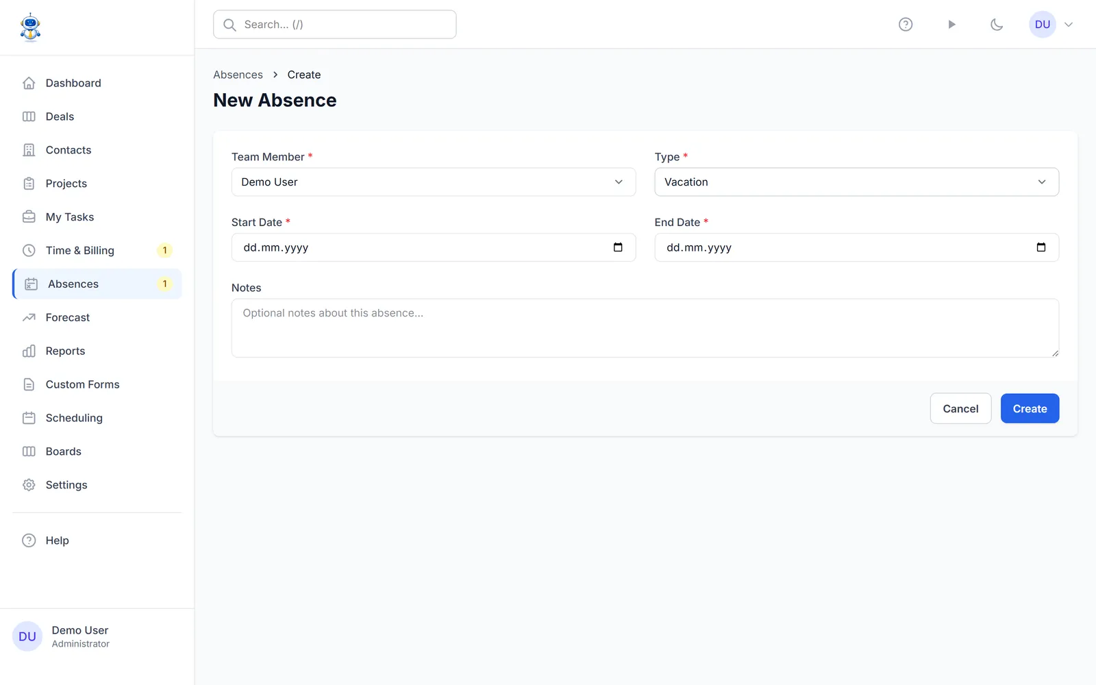 The absence request form with type, date range, and notes