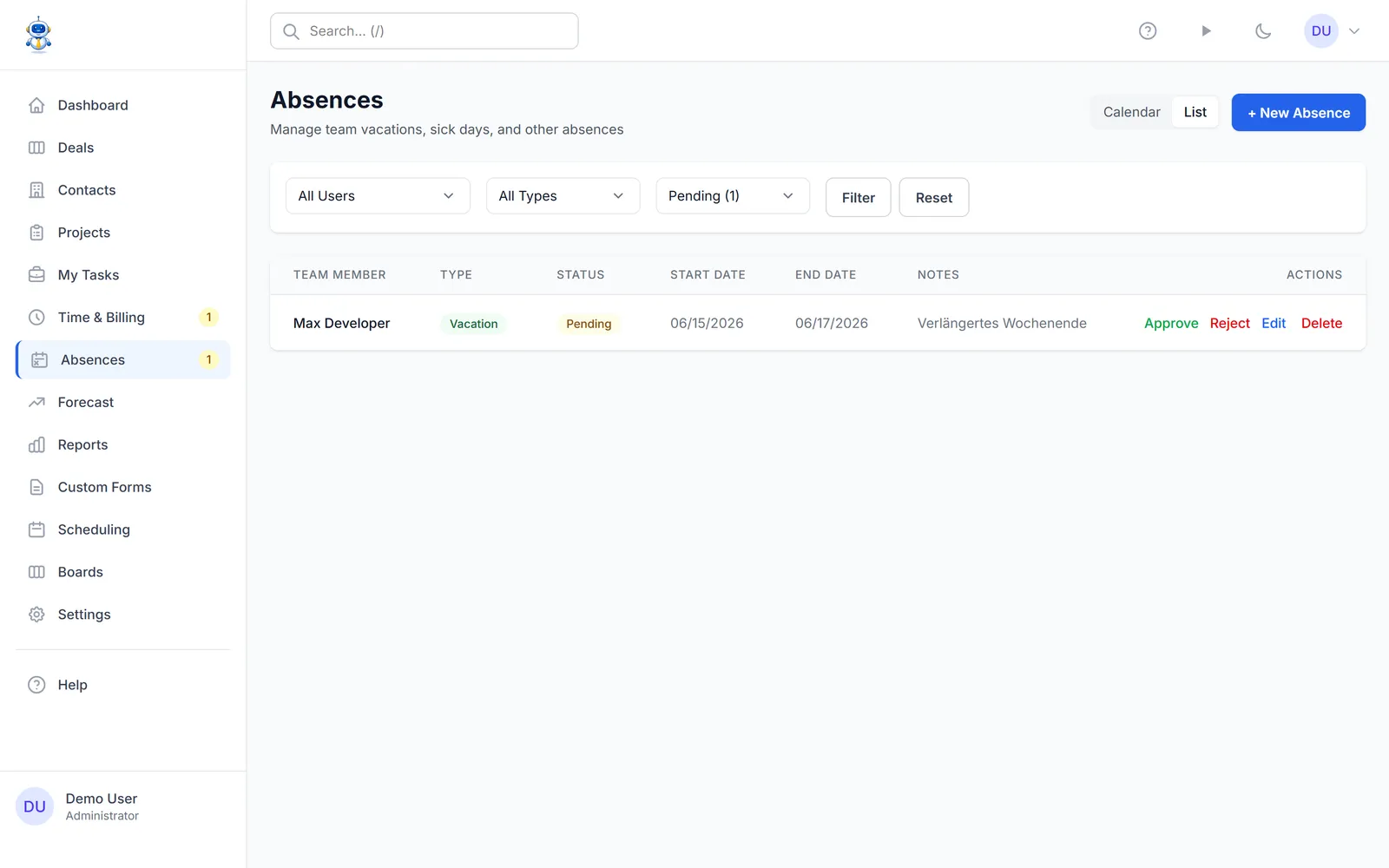 The absence list filtered to pending requests awaiting approval
