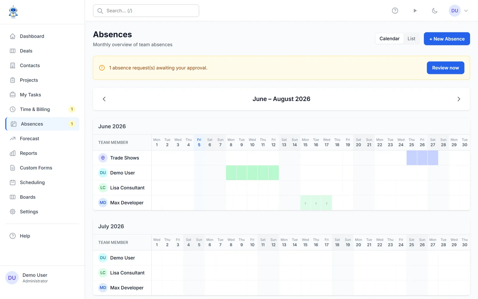 The three-month absence calendar with color-coded entries per person