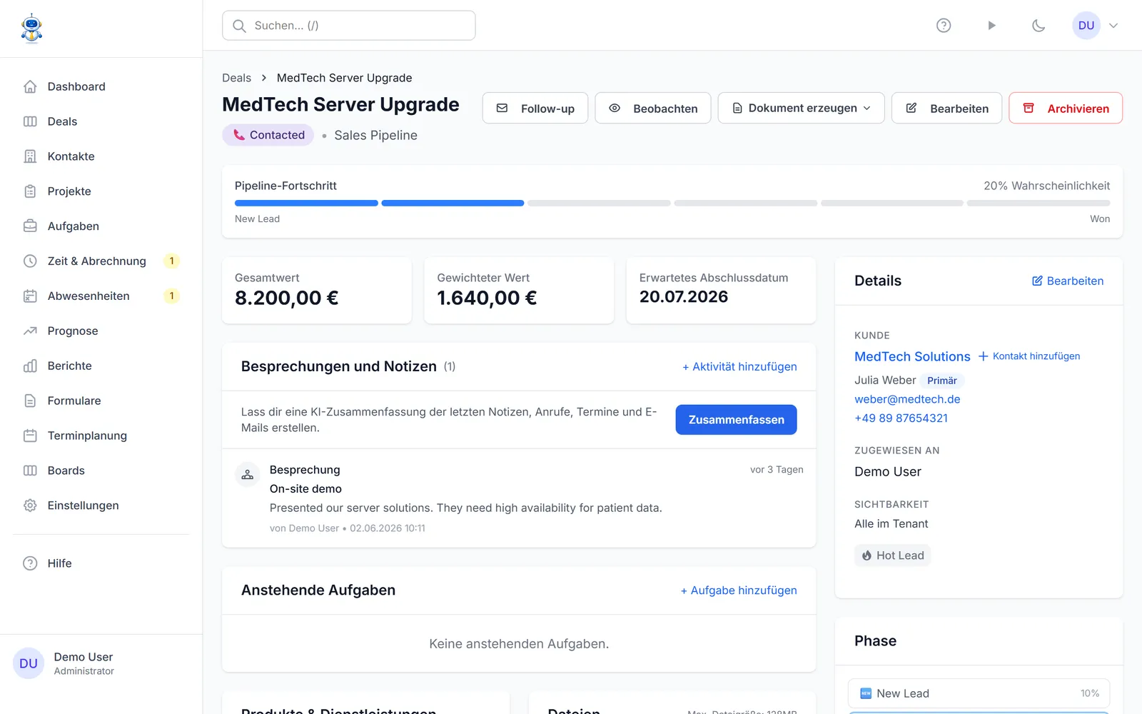 Eine Deal-Seite mit dem Follow-up-Button in der Kopfzeile