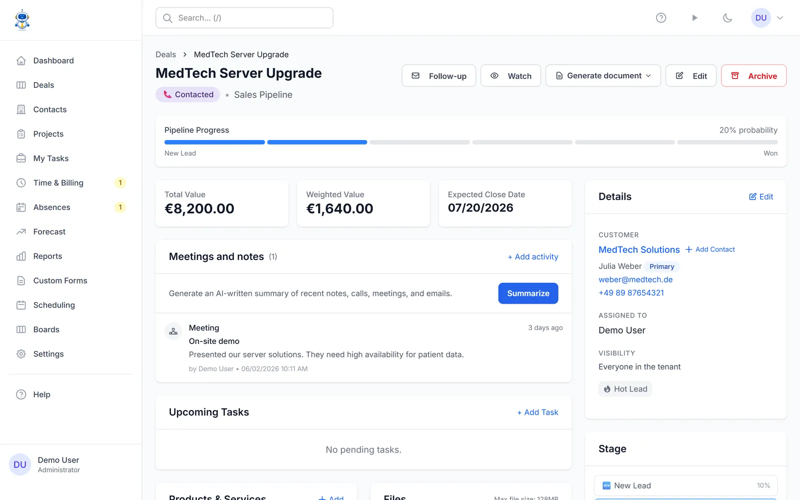 A deal page with the Follow up button in the header