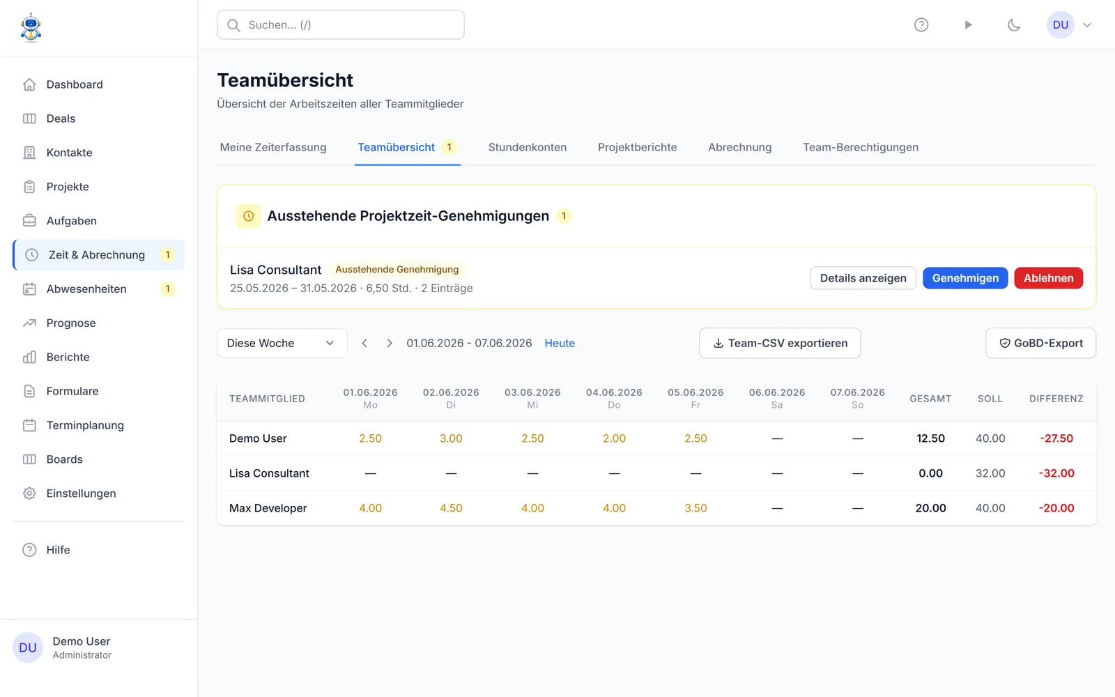 Die Team-Stundenübersicht, in der Manager eingereichte Wochen freigeben