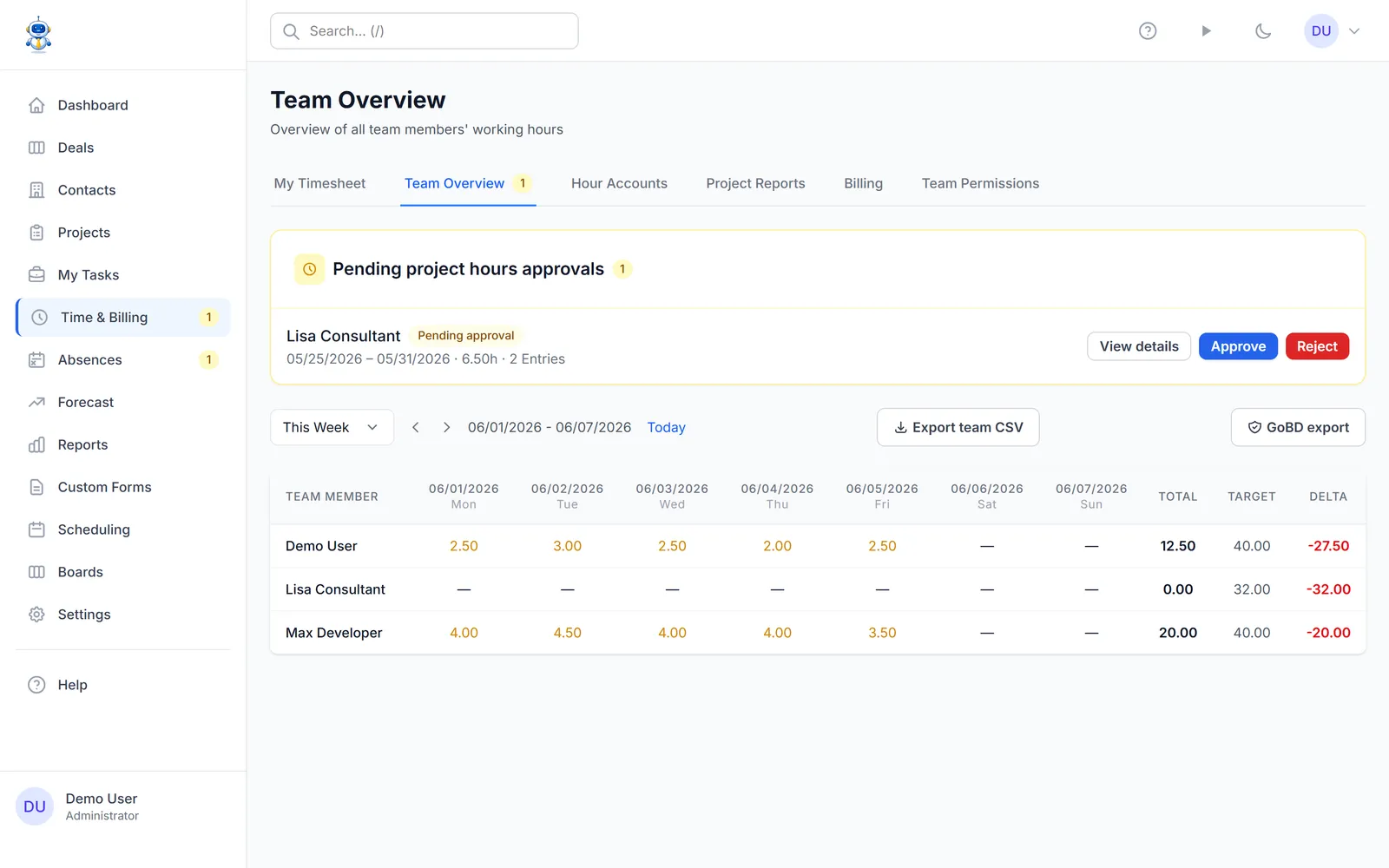 The team timesheet view where managers approve submitted weeks
