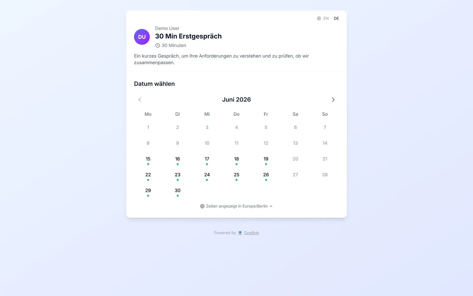 Die öffentliche Buchungsseite mit Kalender und verfügbaren Zeitfenstern