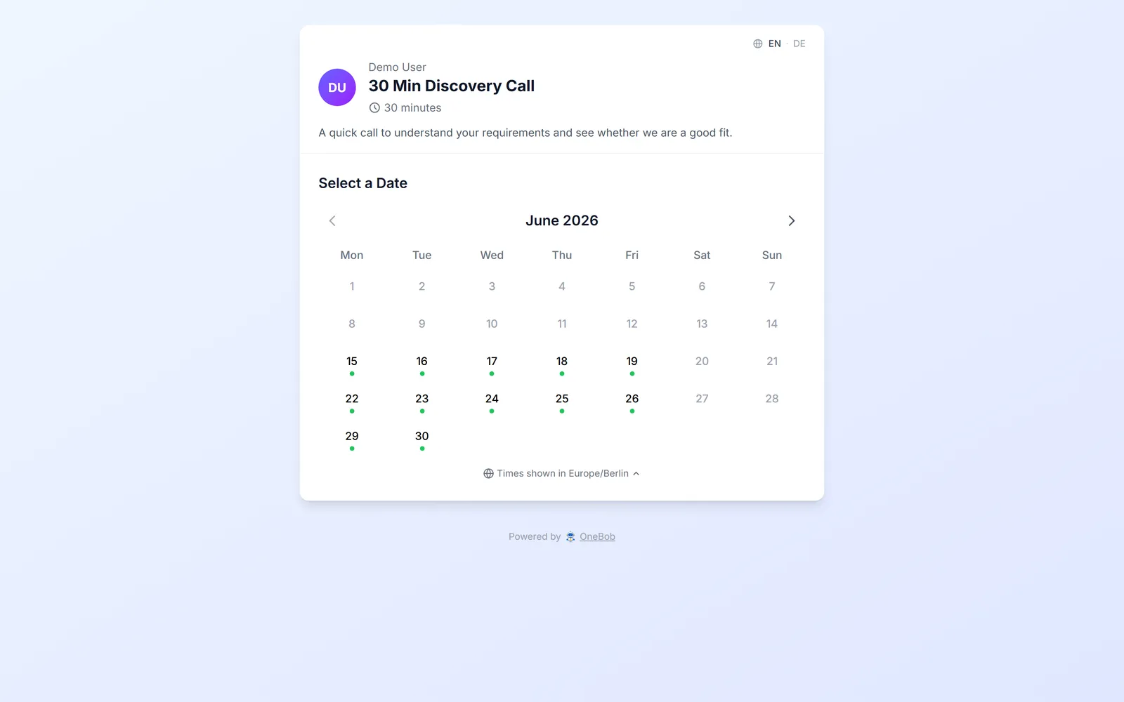 The public booking page with calendar and available time slots
