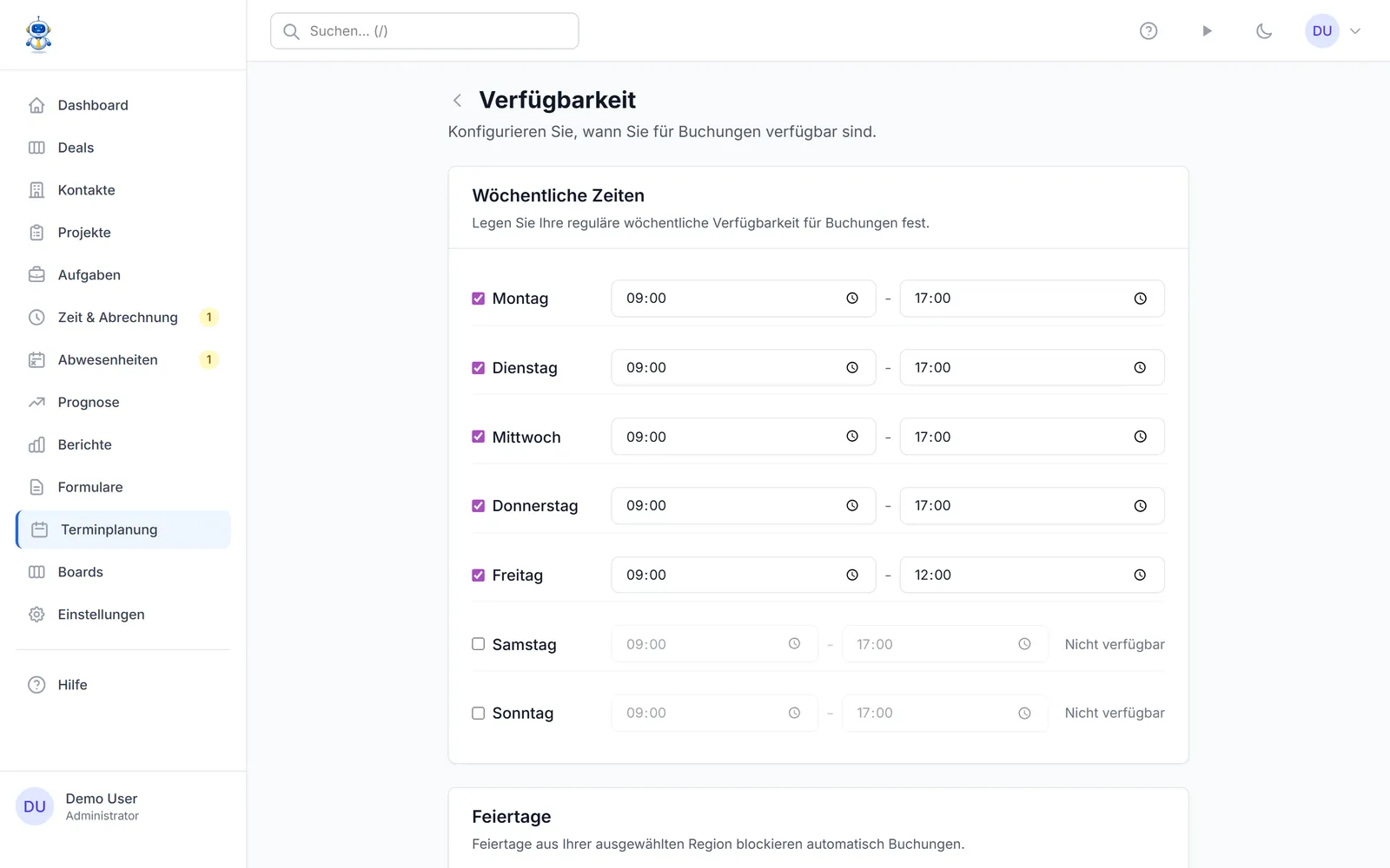 Wöchentliche Verfügbarkeit mit Arbeitszeiten je Wochentag
