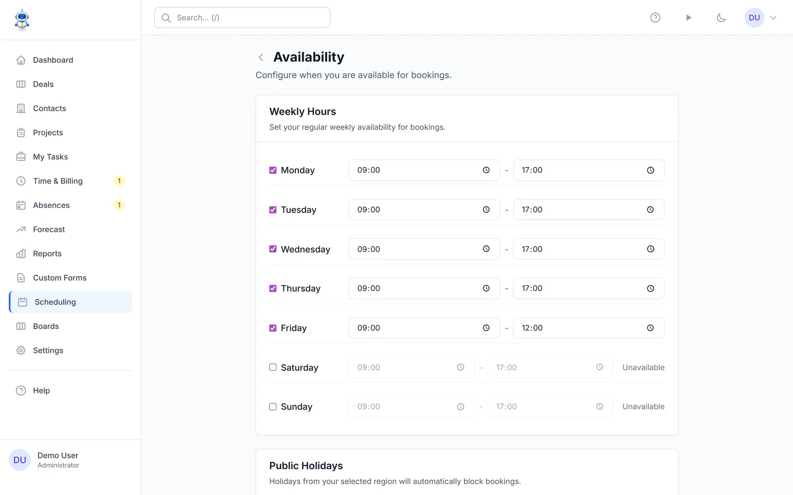 Weekly availability settings with working hours per weekday