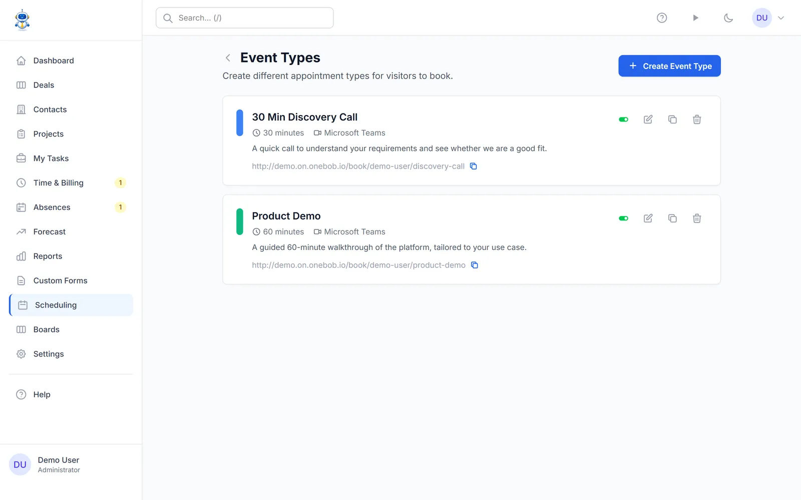 The event types list with durations and booking links