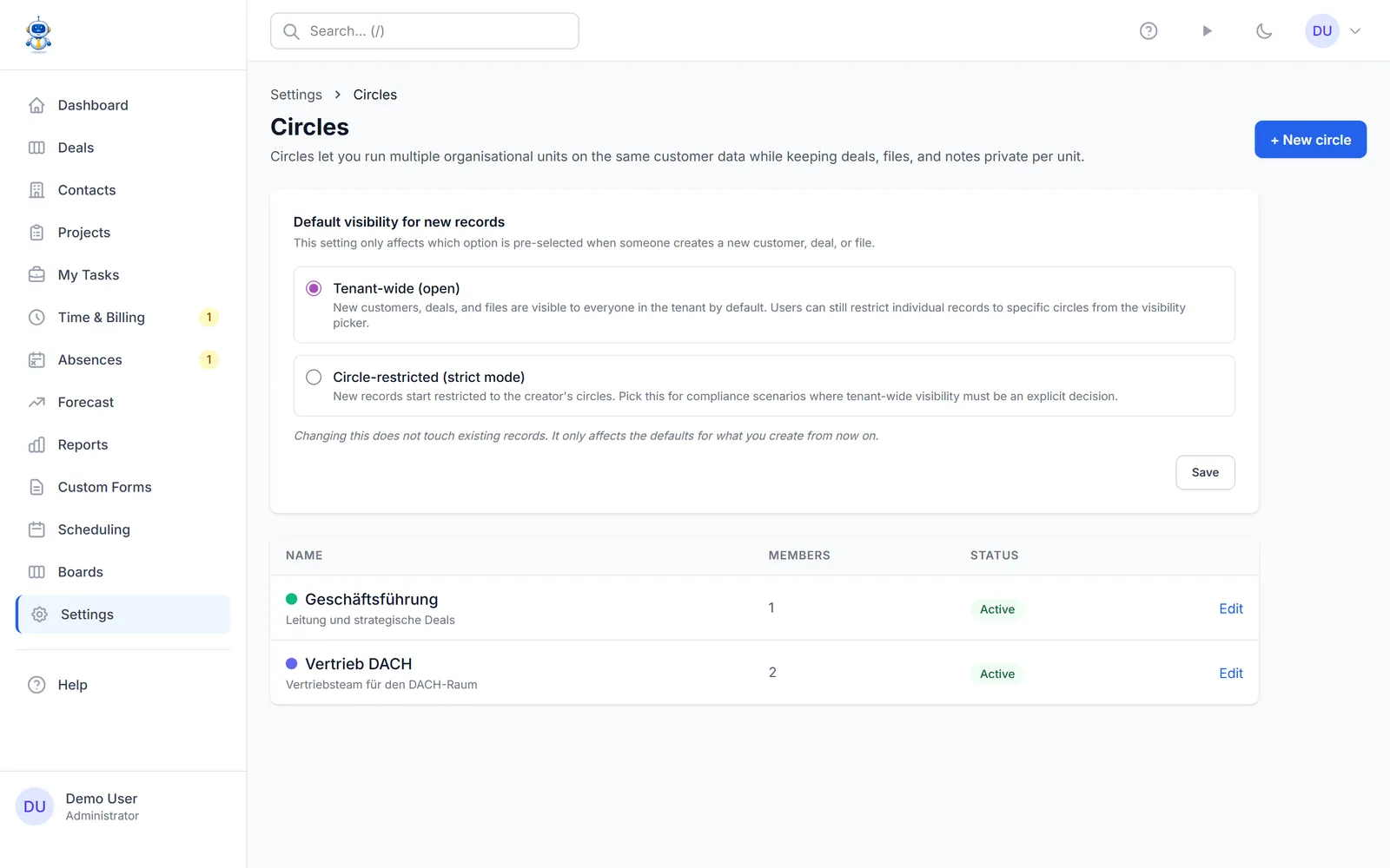 The circles settings page with member counts per circle