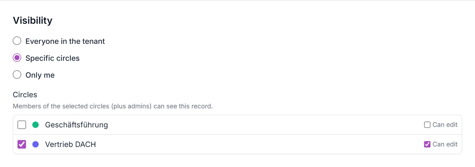 The visibility picker on a record with tenant, circles, and owner modes