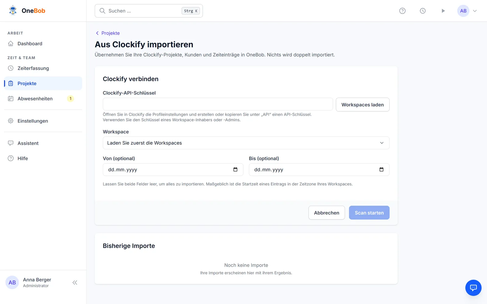 Der Clockify-Import mit dem Feld für den API-Schlüssel und der Workspace-Auswahl