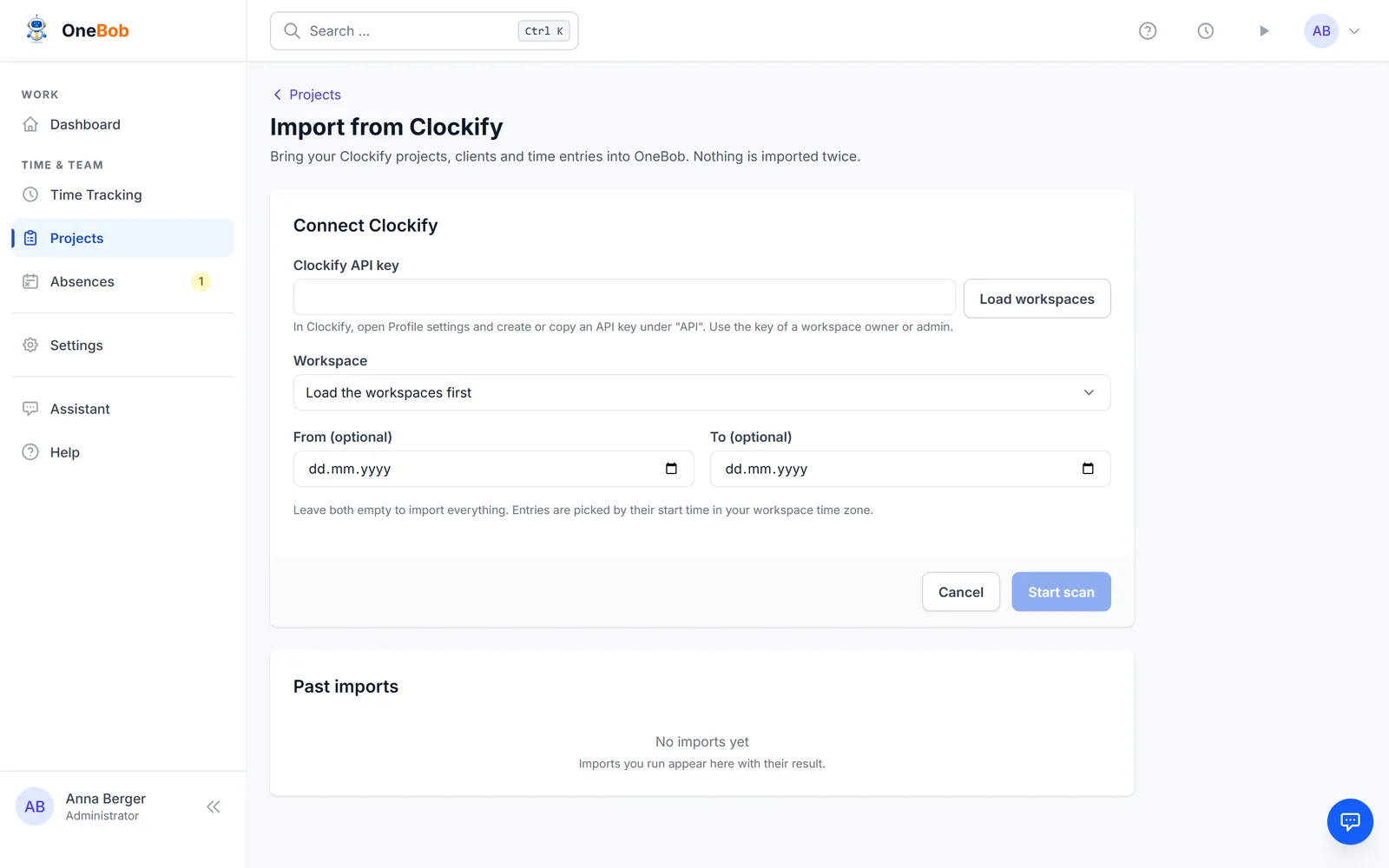 The Clockify importer with the API key field and the workspace picker