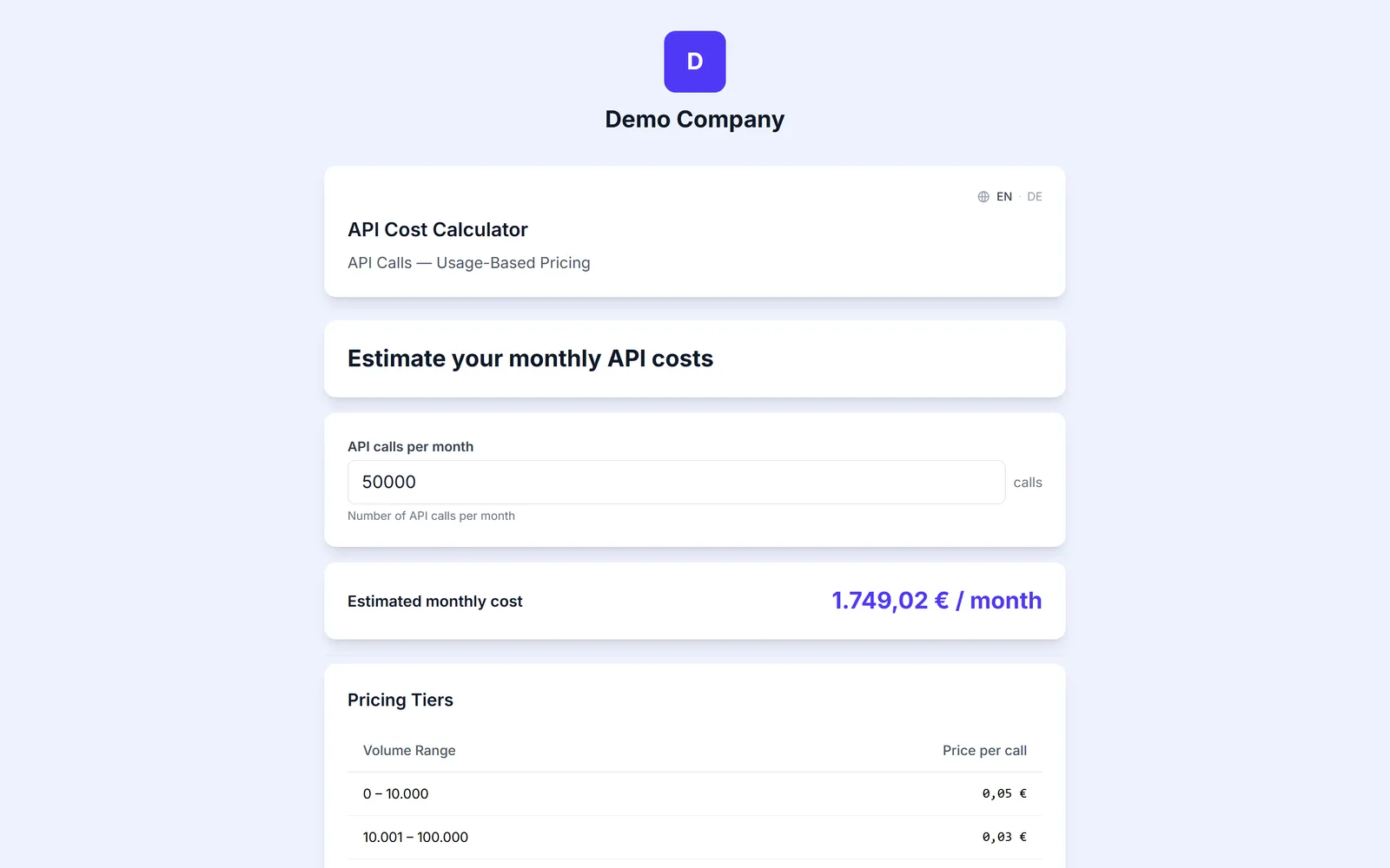 A public cost calculator with usage input and live price estimate