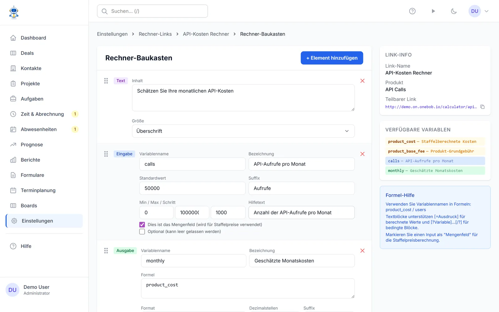 Der Rechner-Builder mit Eingabe-, Ausgabe- und Staffel-Elementen