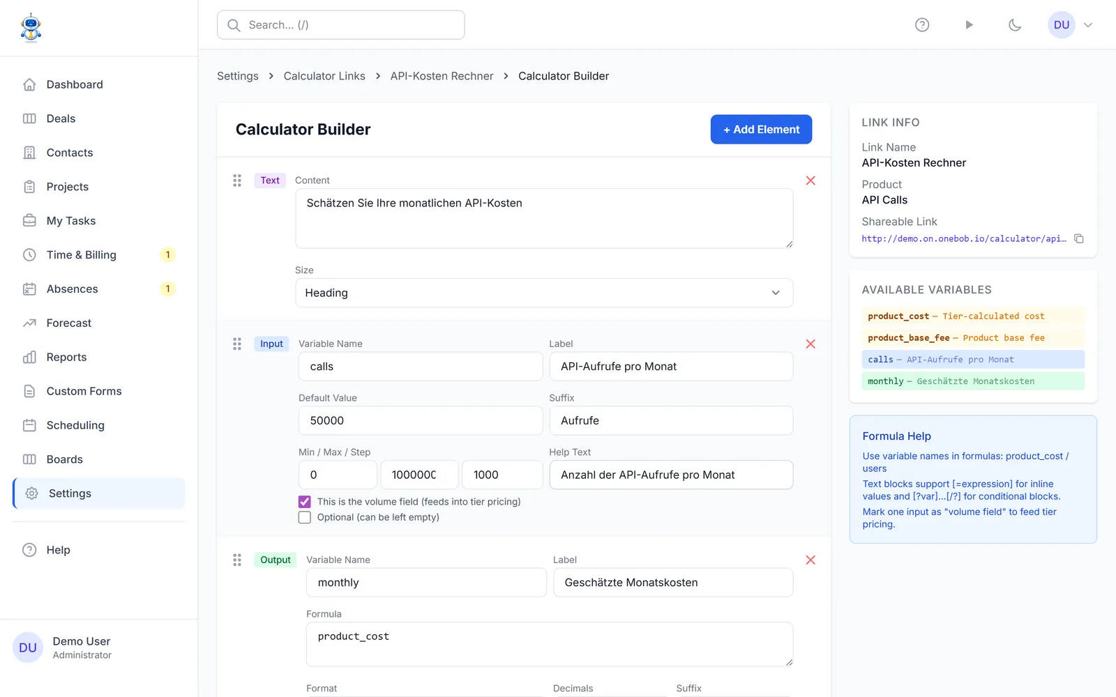 The calculator builder with input, output, and tier elements
