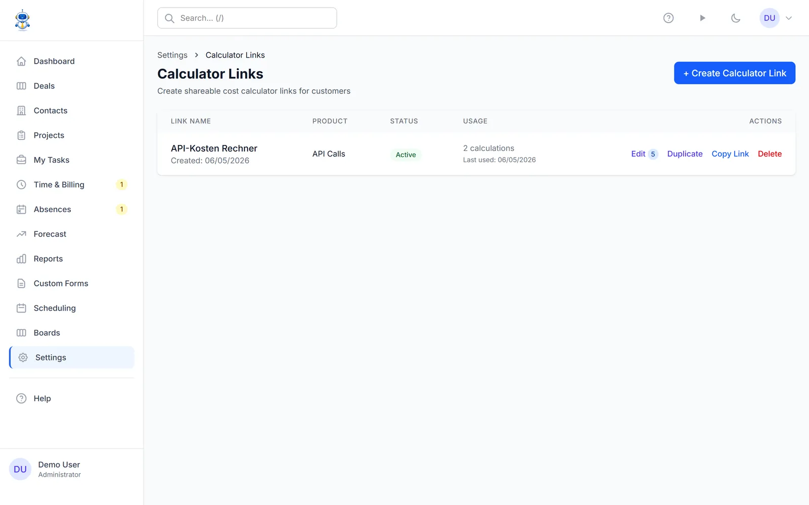 The calculator list with usage statistics per link