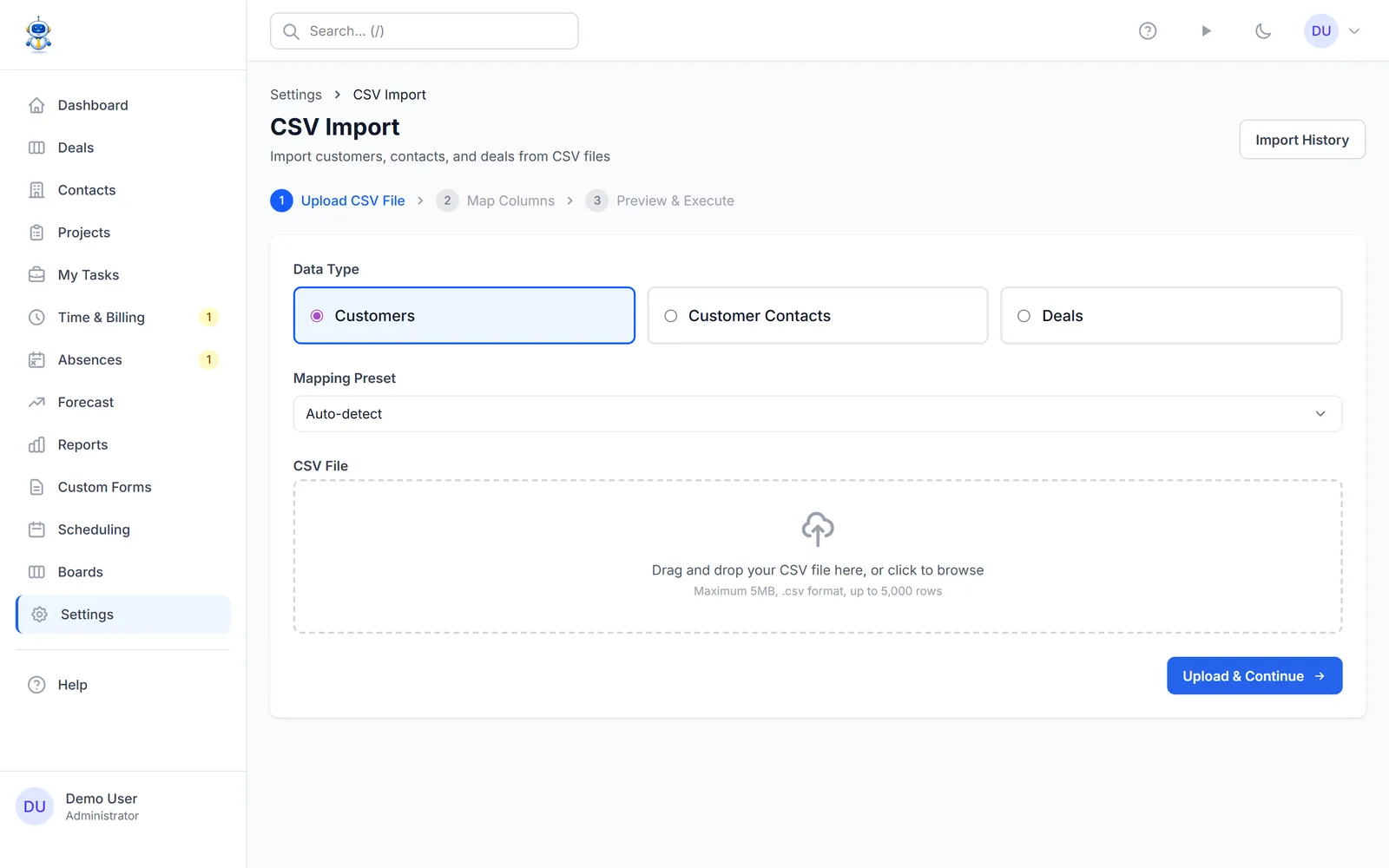 The CSV import wizard with entity type, preset, and file upload