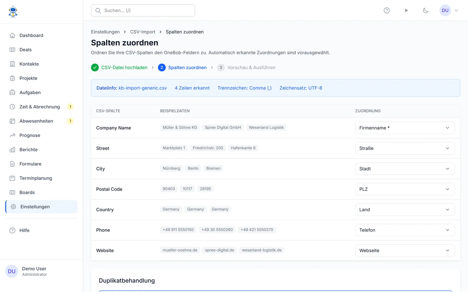 Die Spaltenzuordnung mit automatisch erkannten Feldern und Beispieldaten