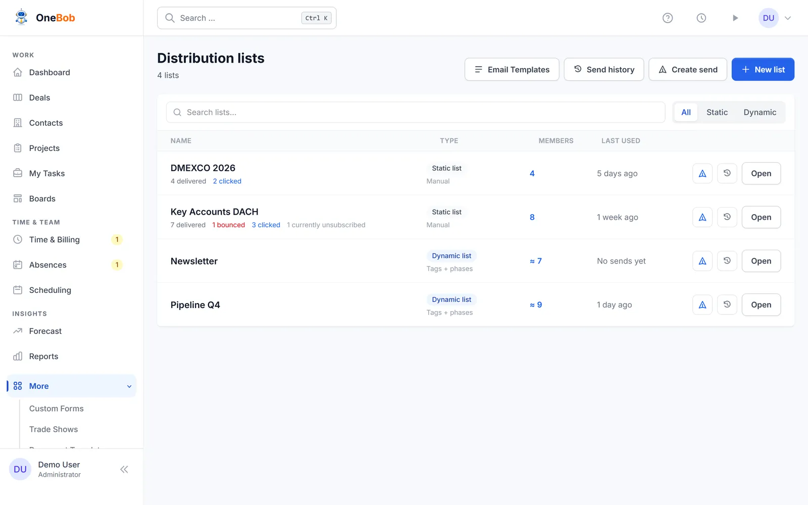 The distribution lists overview with static and dynamic lists, recipient counts, and delivery figures