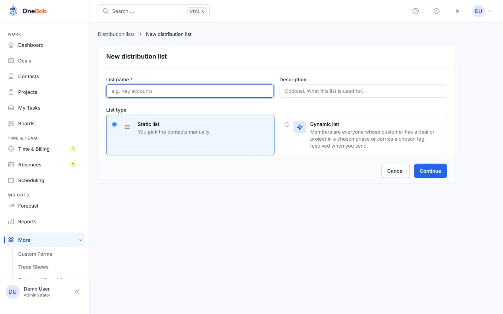 The new distribution list form with a name field and the choice between a static and a dynamic list