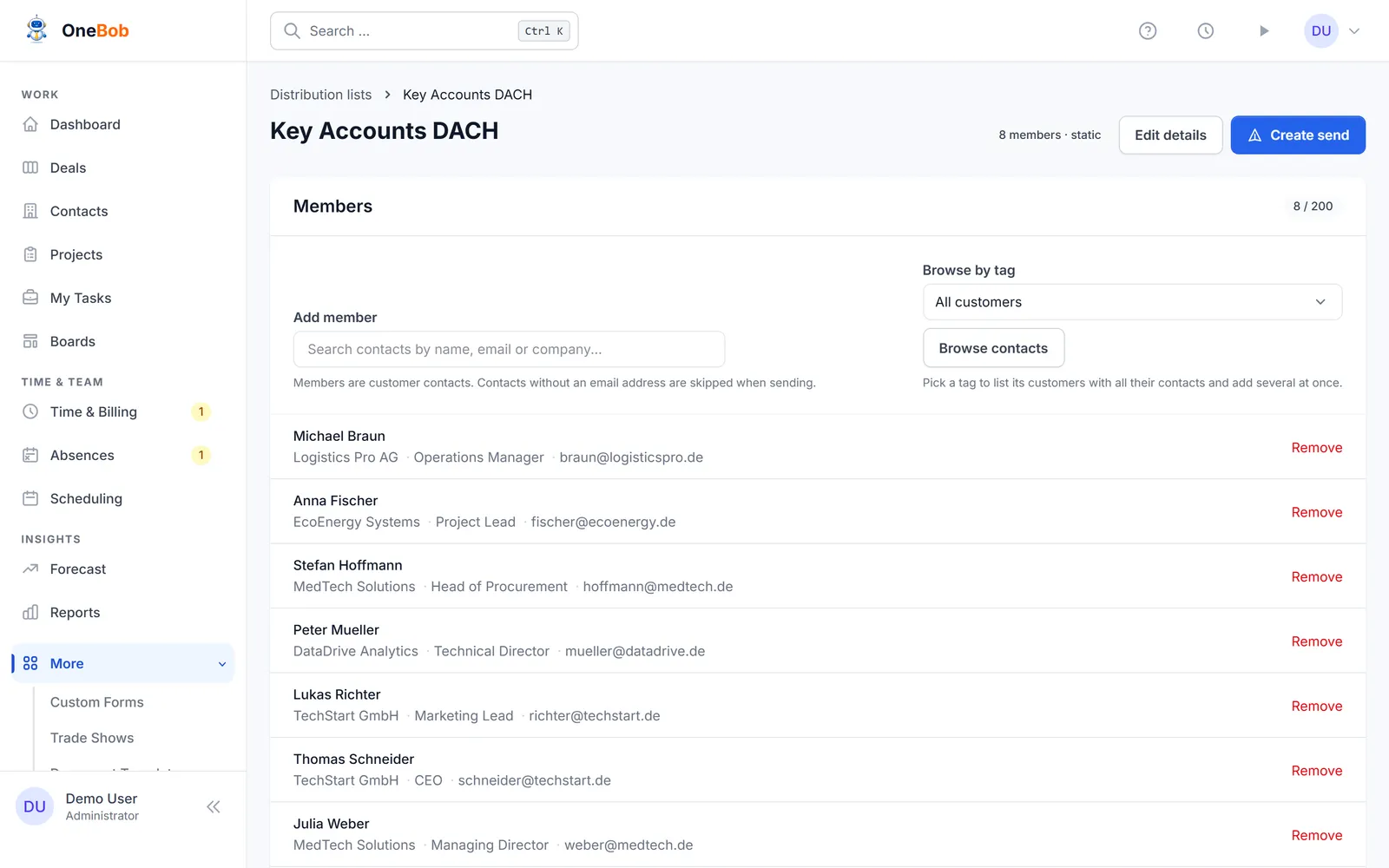 A static list with its members panel, contact search, and tag browser