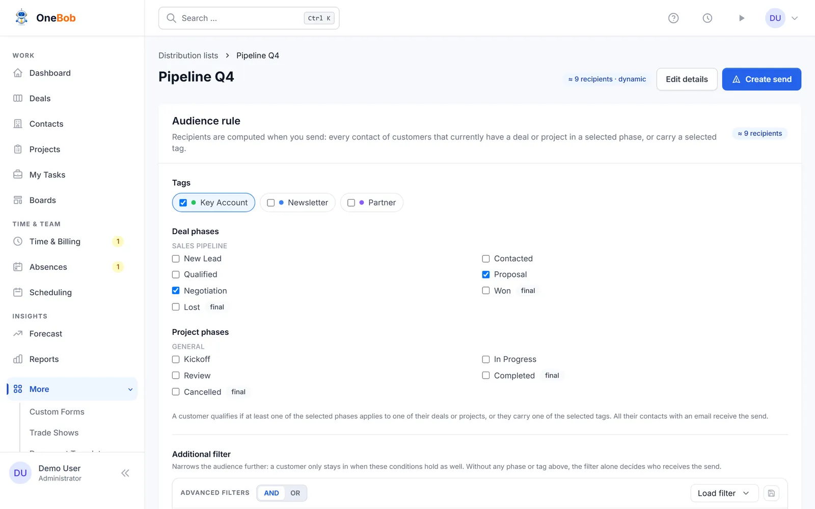The audience rule of a dynamic list with customer tags, deal phases, and a live recipient estimate
