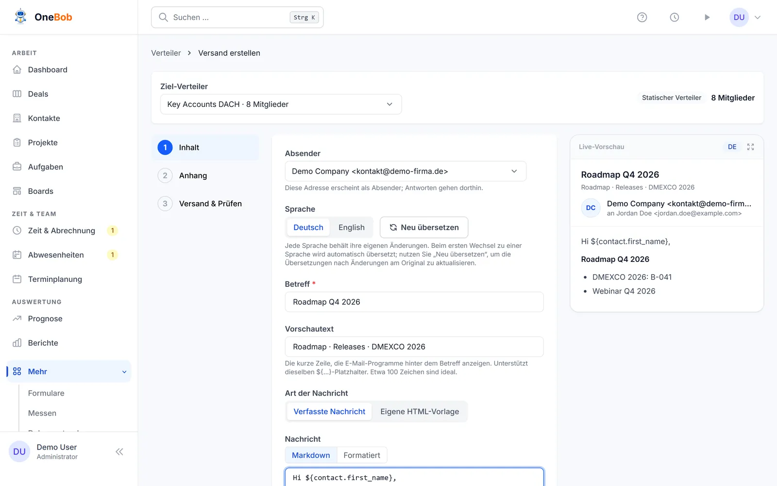 Der Verfassen-Assistent mit Betreff, Vorschautext und der Live-Vorschau der E-Mail