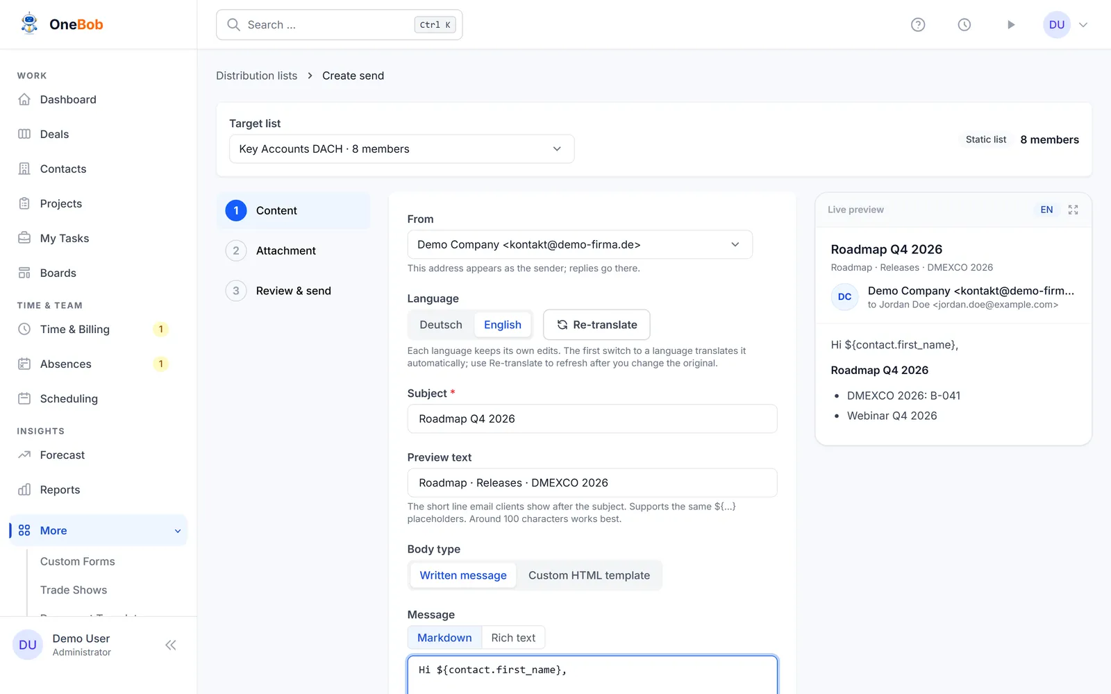 The compose wizard with a subject, preview text, and the live preview of the mail
