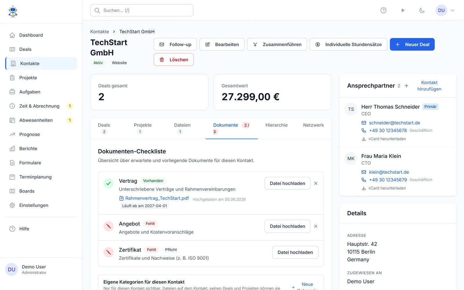 Der Dokumente-Tab eines Kunden mit Checkliste der Pflichtdokumente
