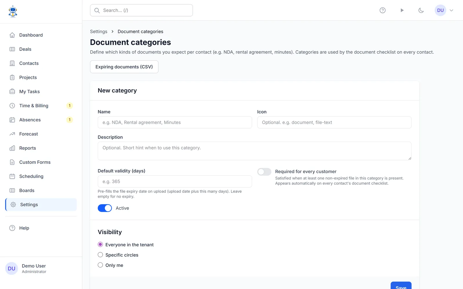 The file categories settings with validity periods