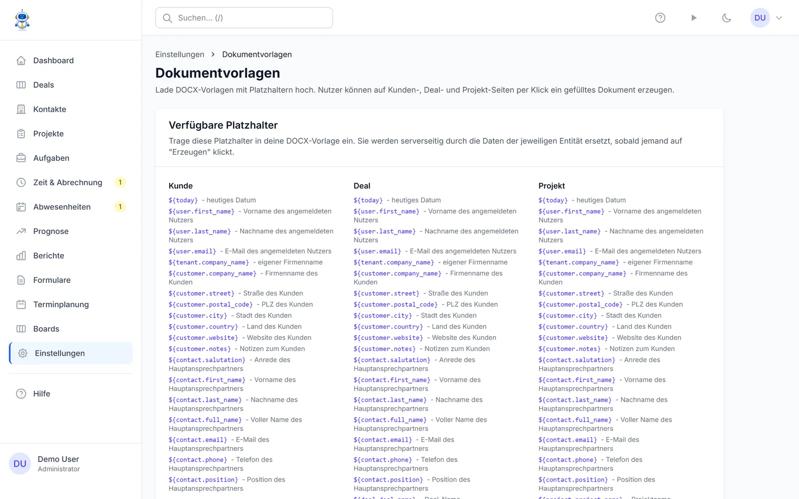 Die Dokumentvorlagen-Einstellungen mit hochgeladenen Word-Vorlagen
