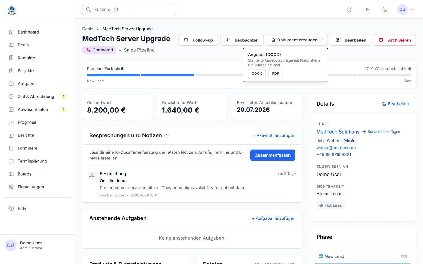 Das Dokument-erstellen-Menü an einem Deal mit verfügbaren Vorlagen