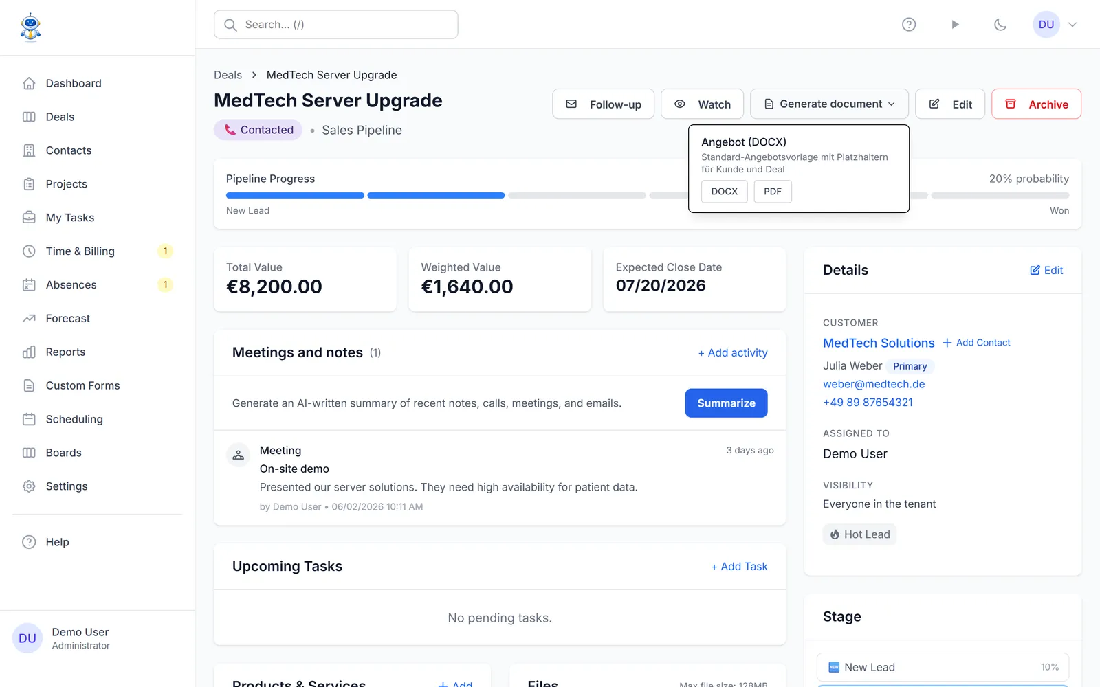 The generate-document menu on a deal listing available templates