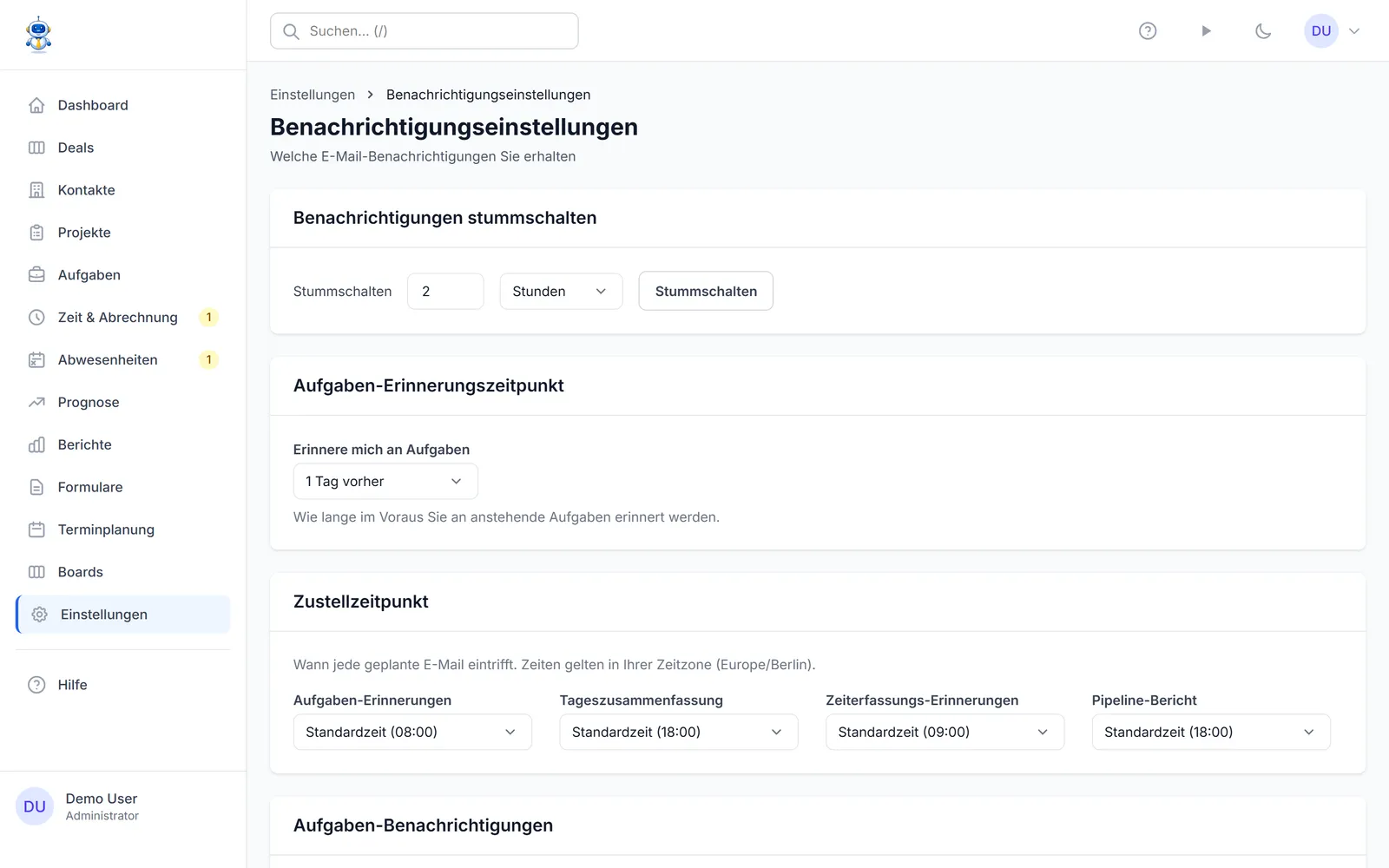 Die Benachrichtigungseinstellungen mit Zustellmodus und Erinnerungen