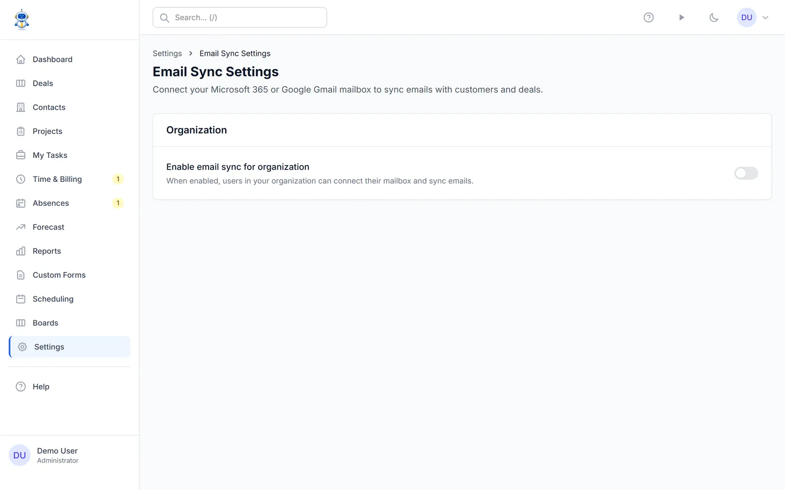 The email sync settings with the account connection card