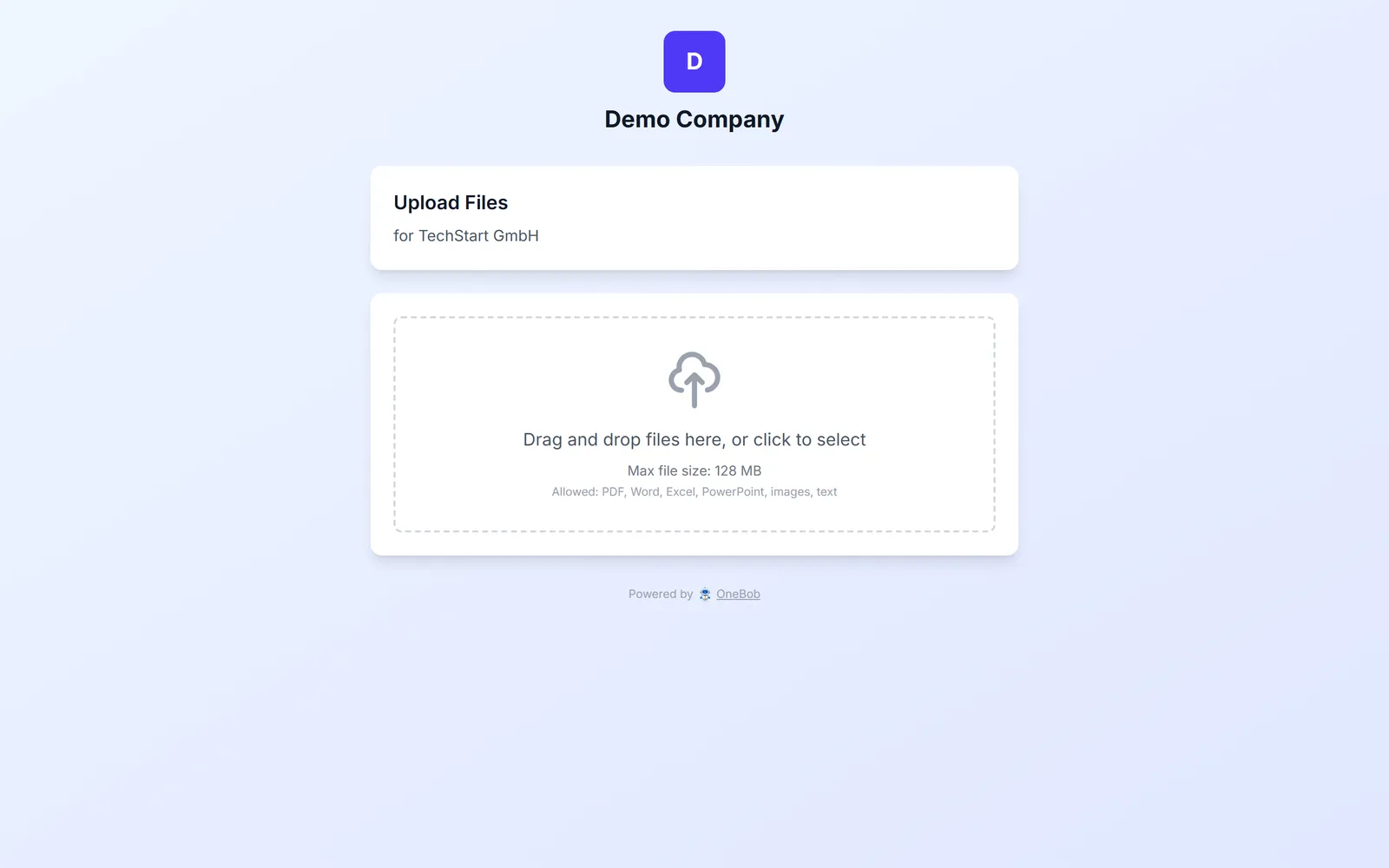 The public file drop page where customers upload without login