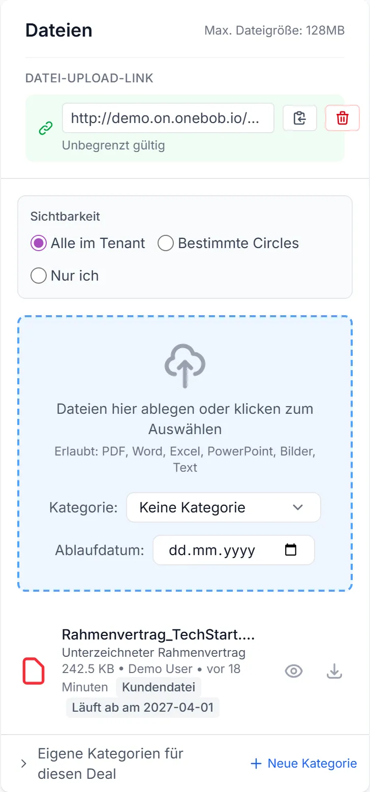 Die Dateien-Karte eines Deals mit aktivem File-Drop-Link