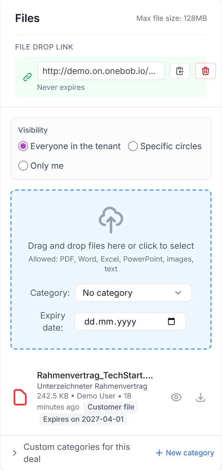 The files card on a deal with an active file drop link