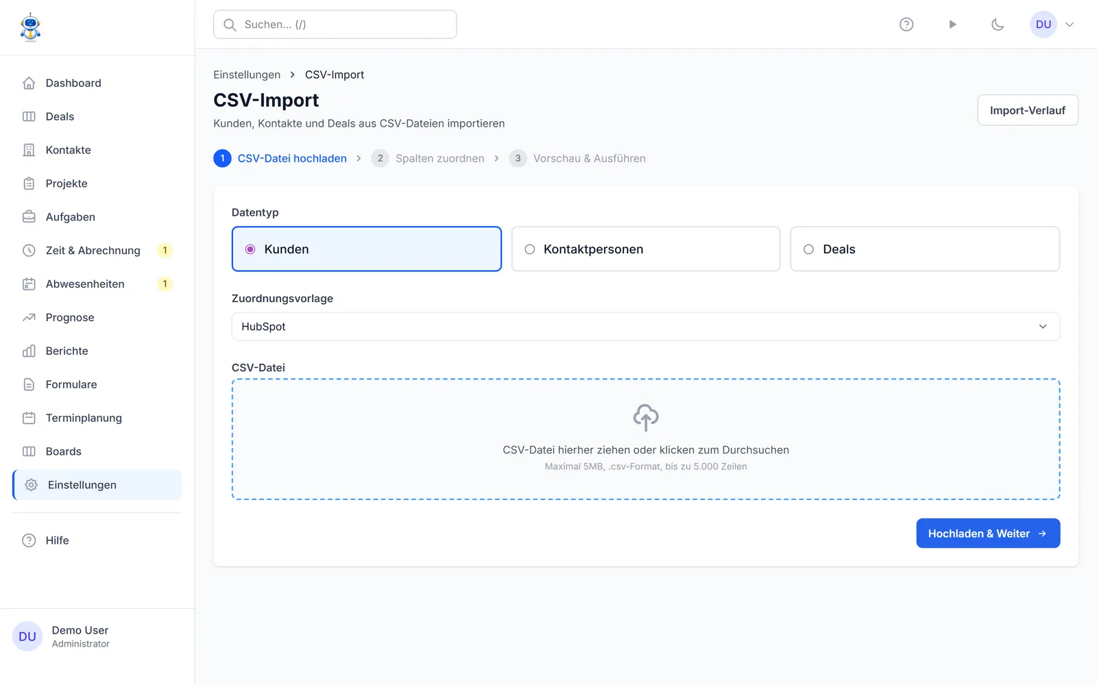 Der CSV-Import-Assistent mit der HubSpot-Vorlage