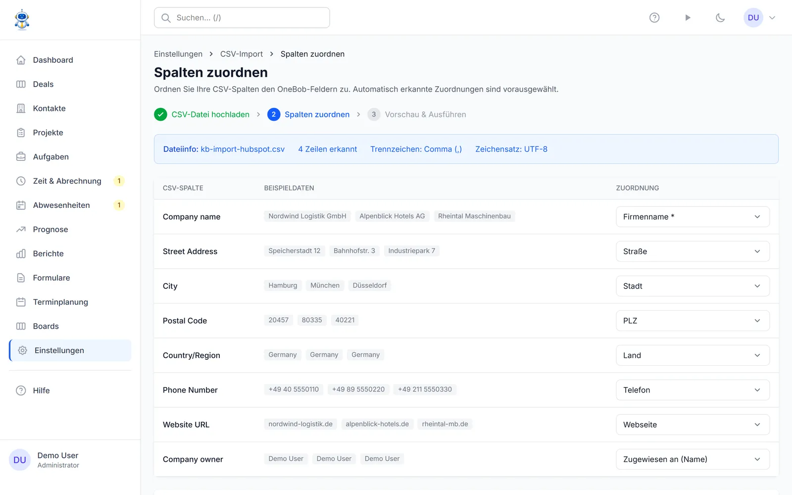 Die Spaltenzuordnung mit automatisch zugeordneten HubSpot-Feldern