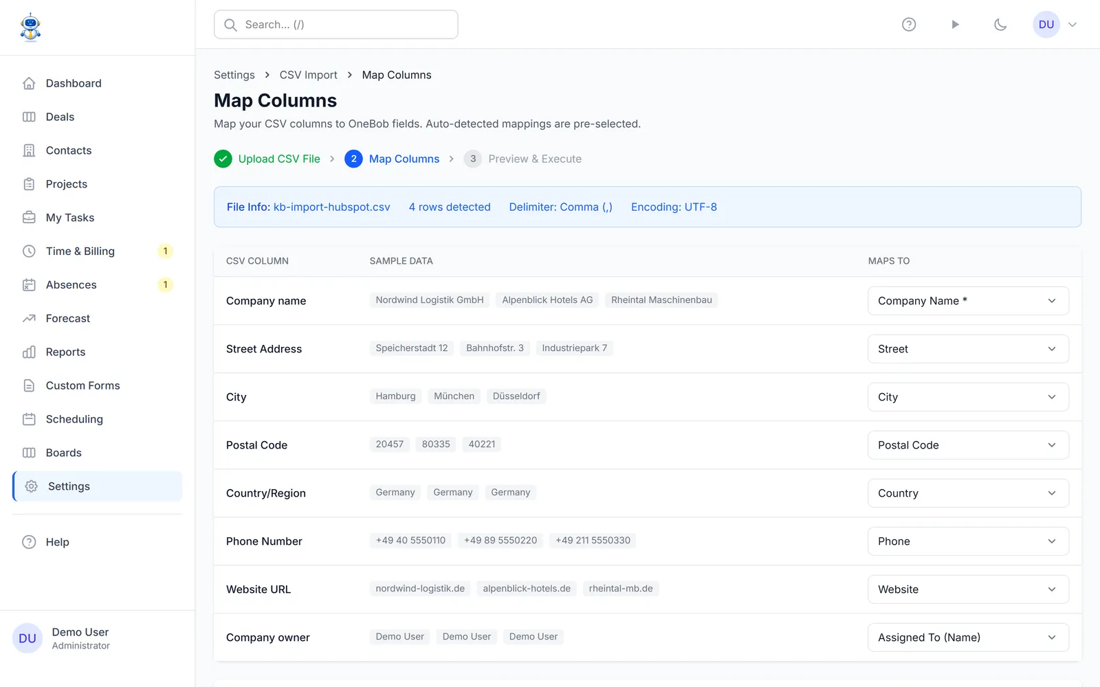 The column mapping screen with HubSpot fields mapped automatically