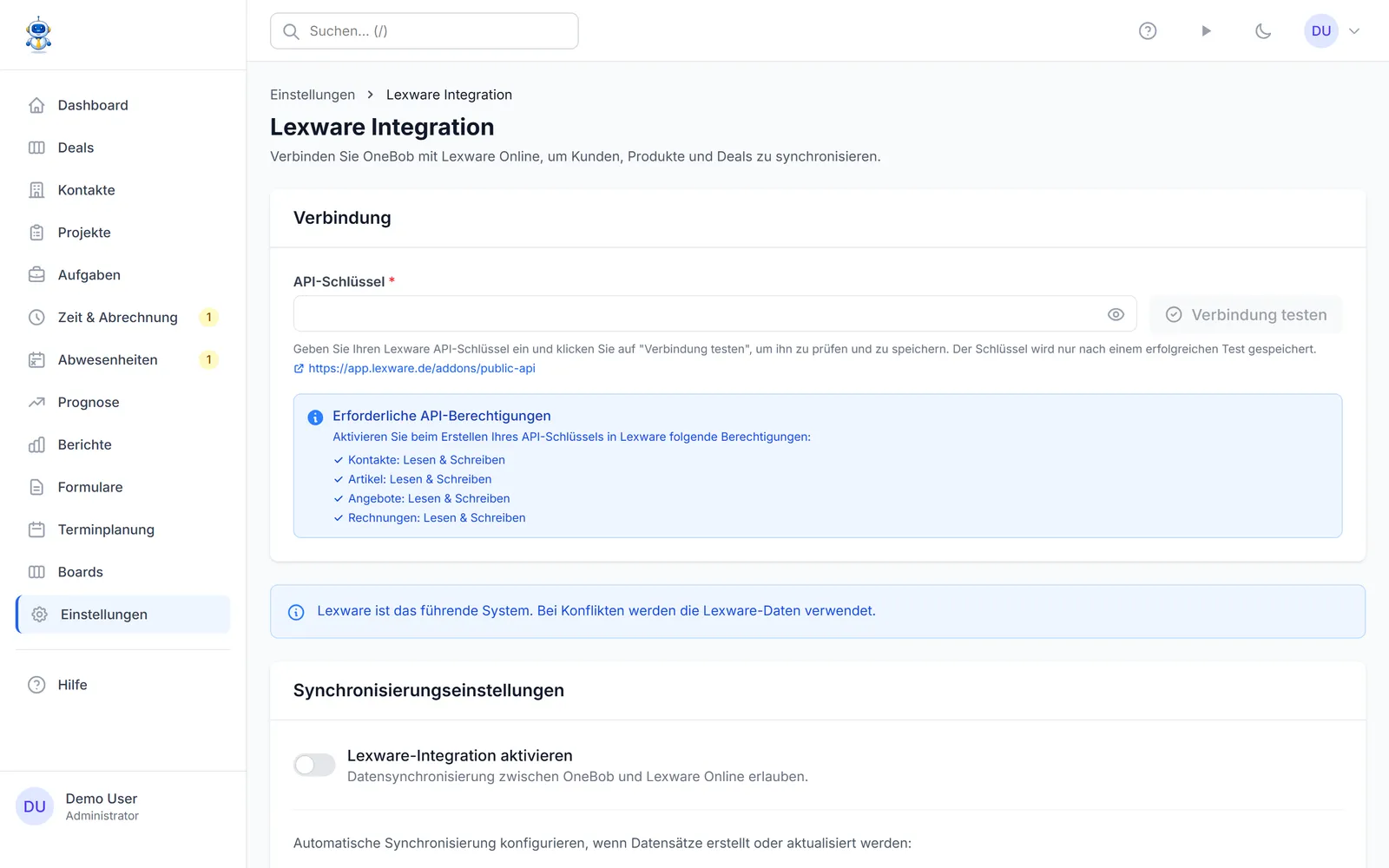 Die Lexware-Einstellungen mit API-Schlüssel und Sync-Optionen