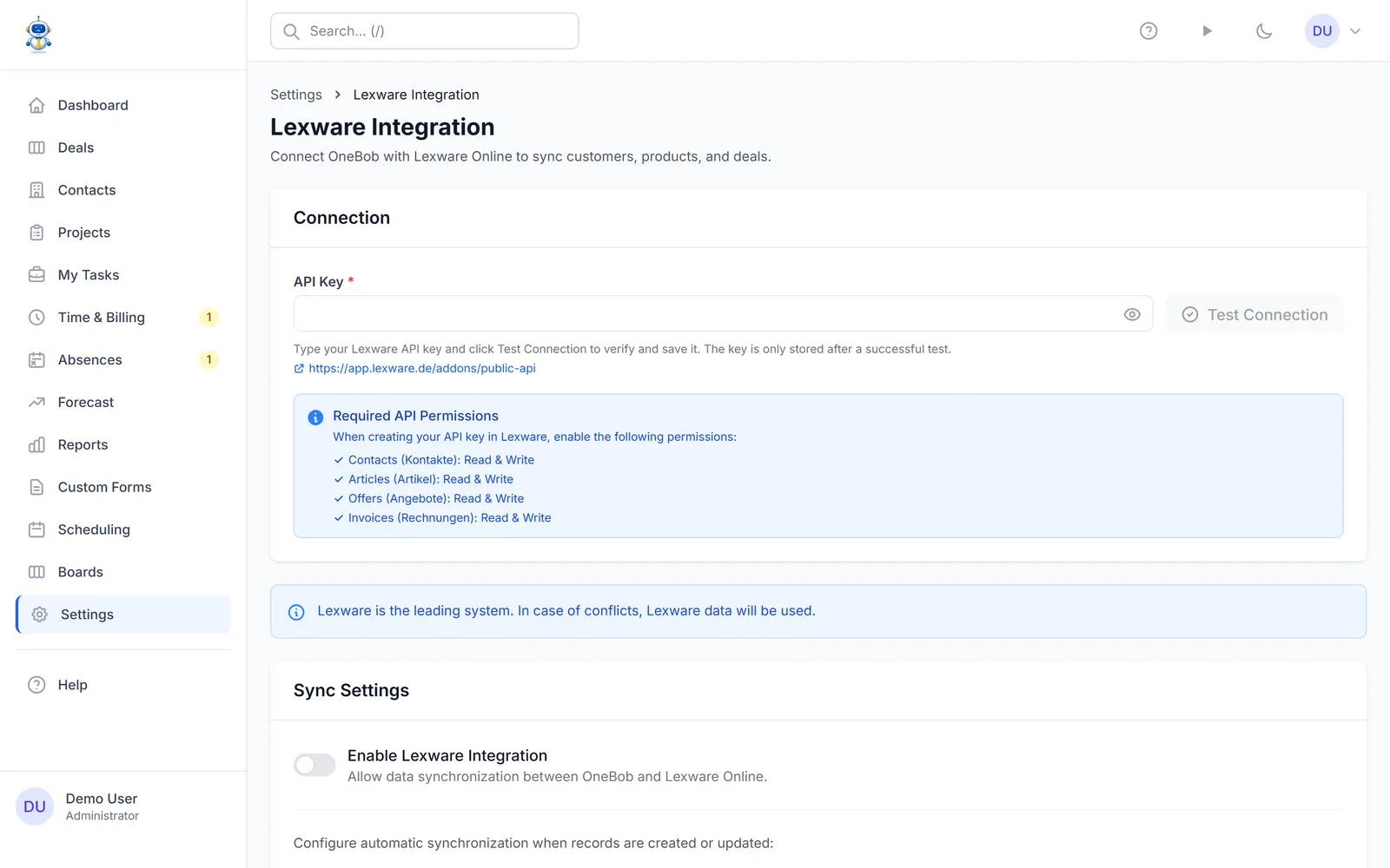 The Lexware settings page with API key and sync options