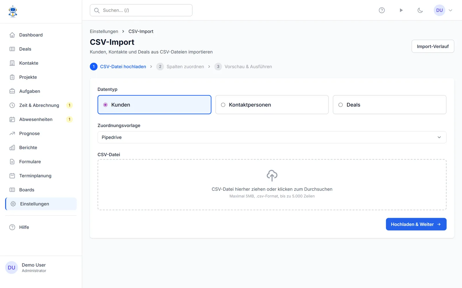 Der CSV-Import-Assistent mit der Pipedrive-Vorlage