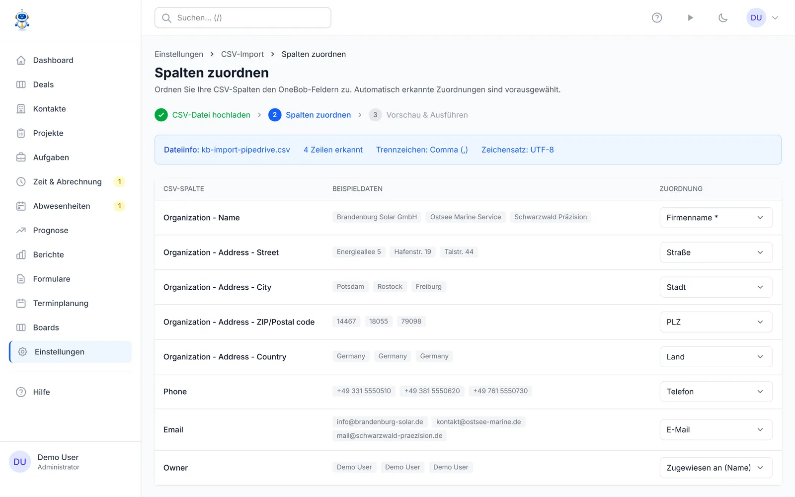Die Spaltenzuordnung mit automatisch zugeordneten Pipedrive-Feldern