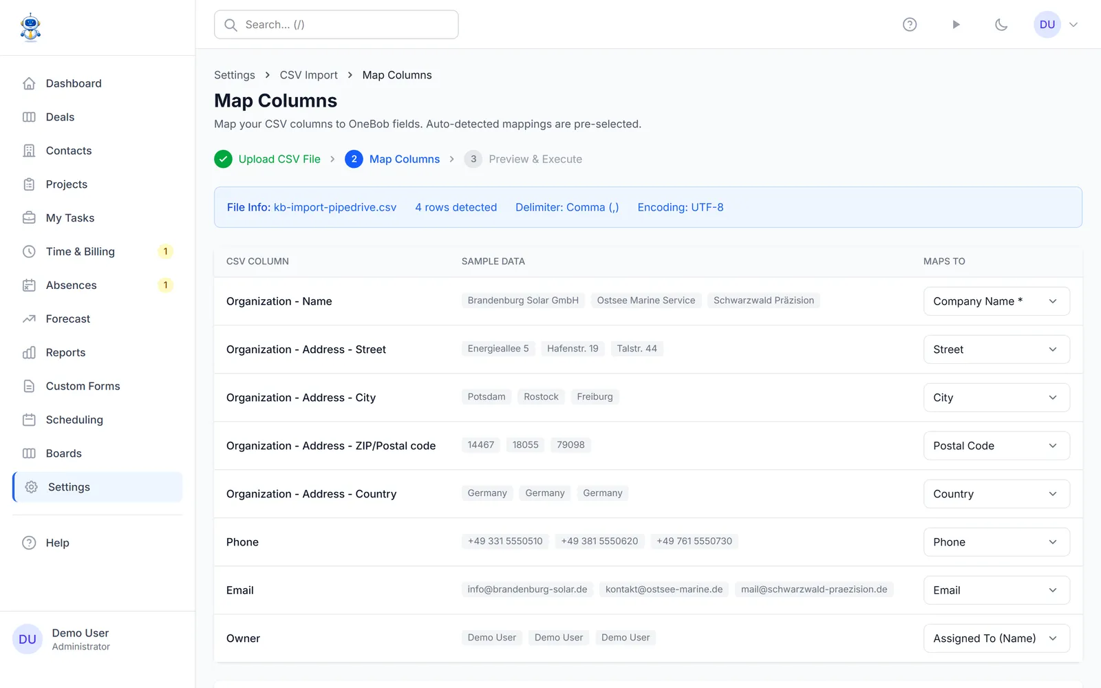 The column mapping screen with Pipedrive fields mapped automatically