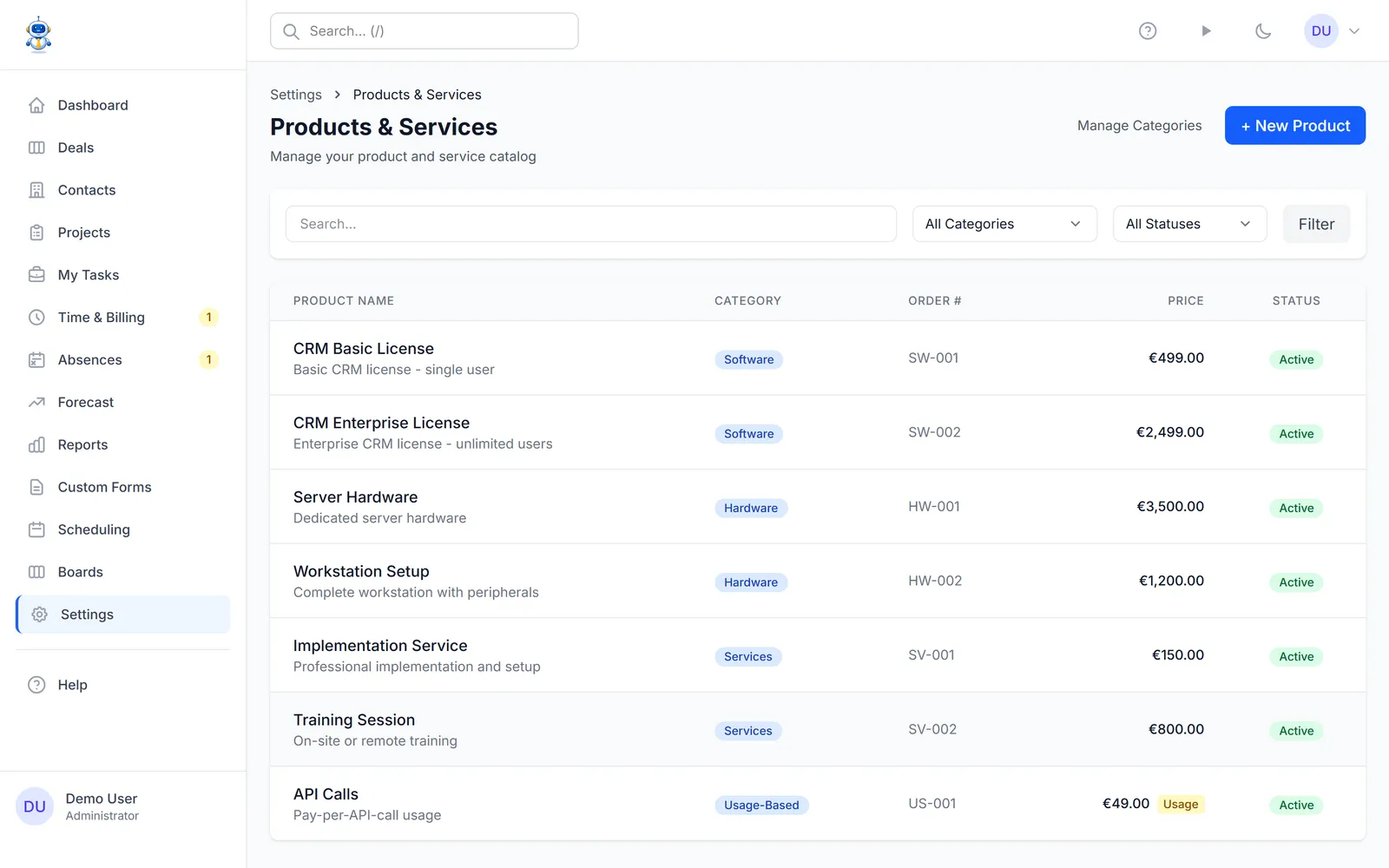 The product list with categories, prices, and billing types
