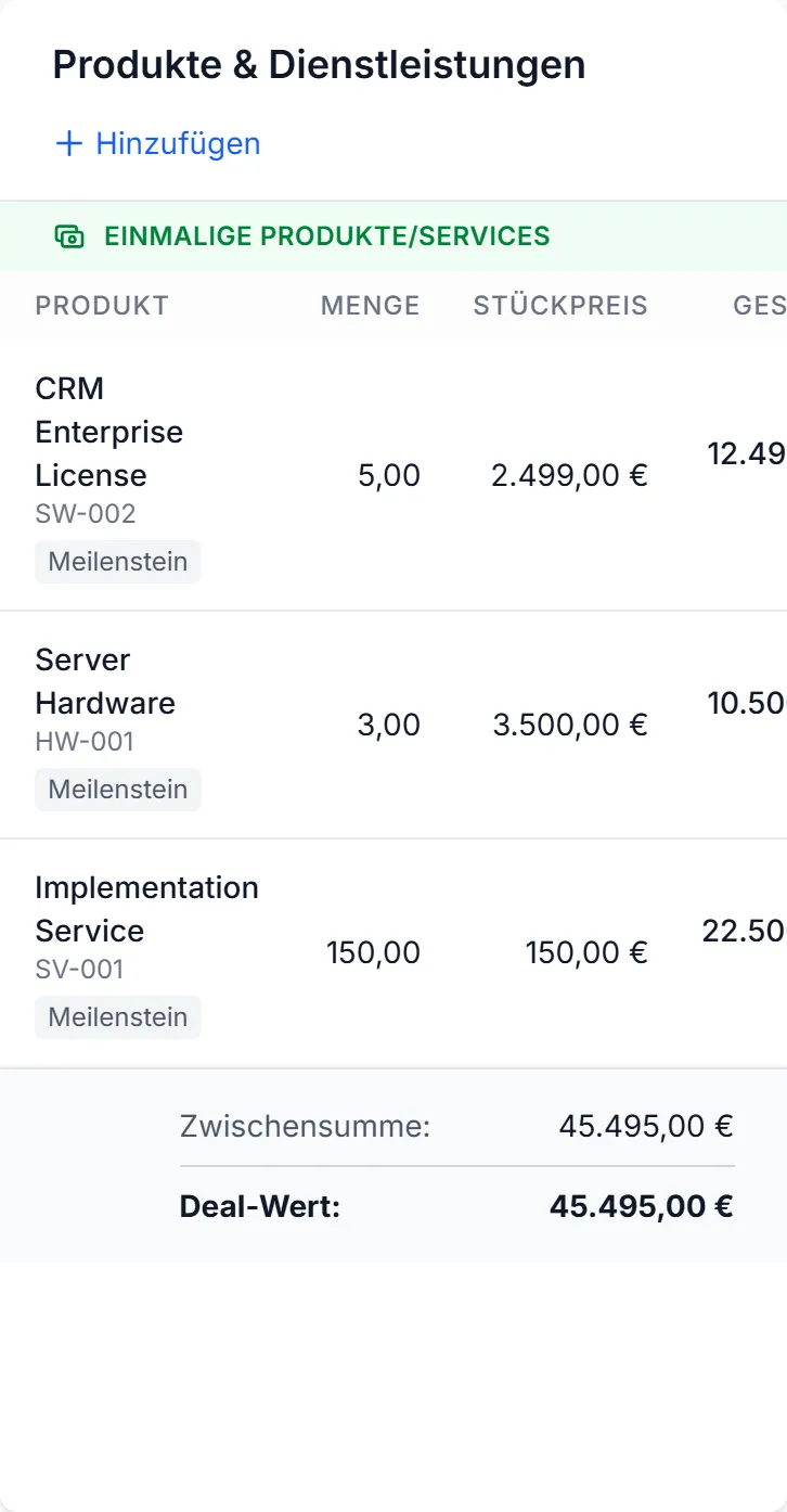 Die Positionsliste eines Deals mit Produkten und Summen