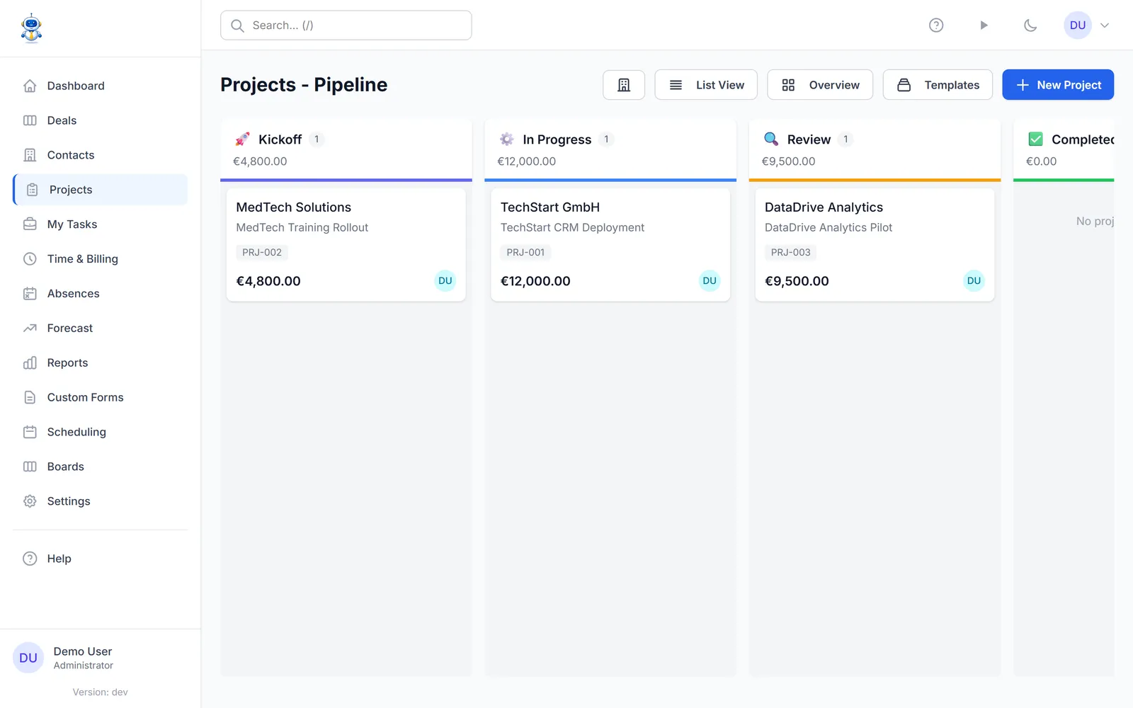 The projects kanban board with delivery stages